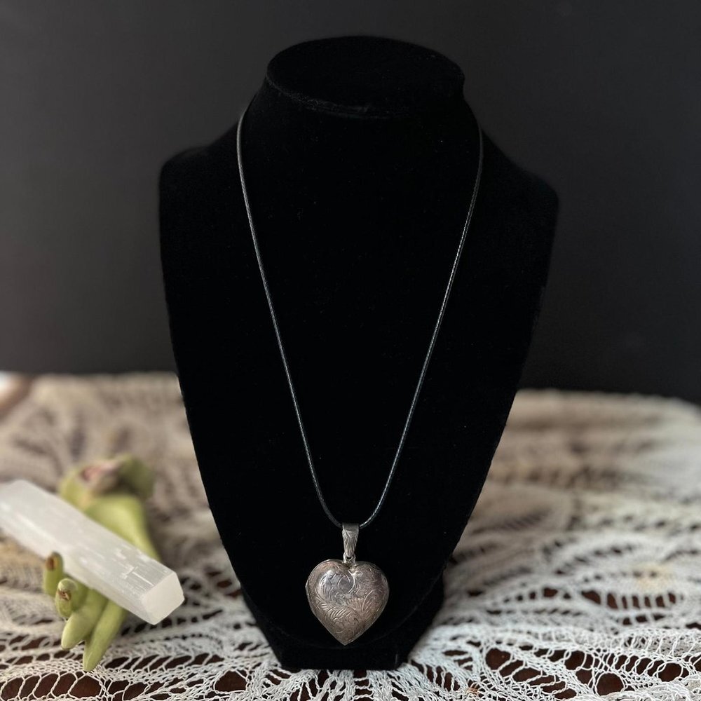 Handmade Upcycled Heart Locket Necklace on Black Cord - Charm Pendant